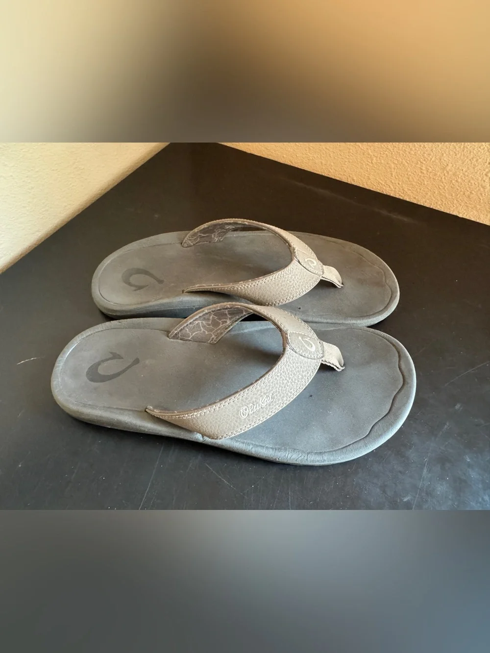 OluKai Taupe/Brown Leather Flip Flop Sandals